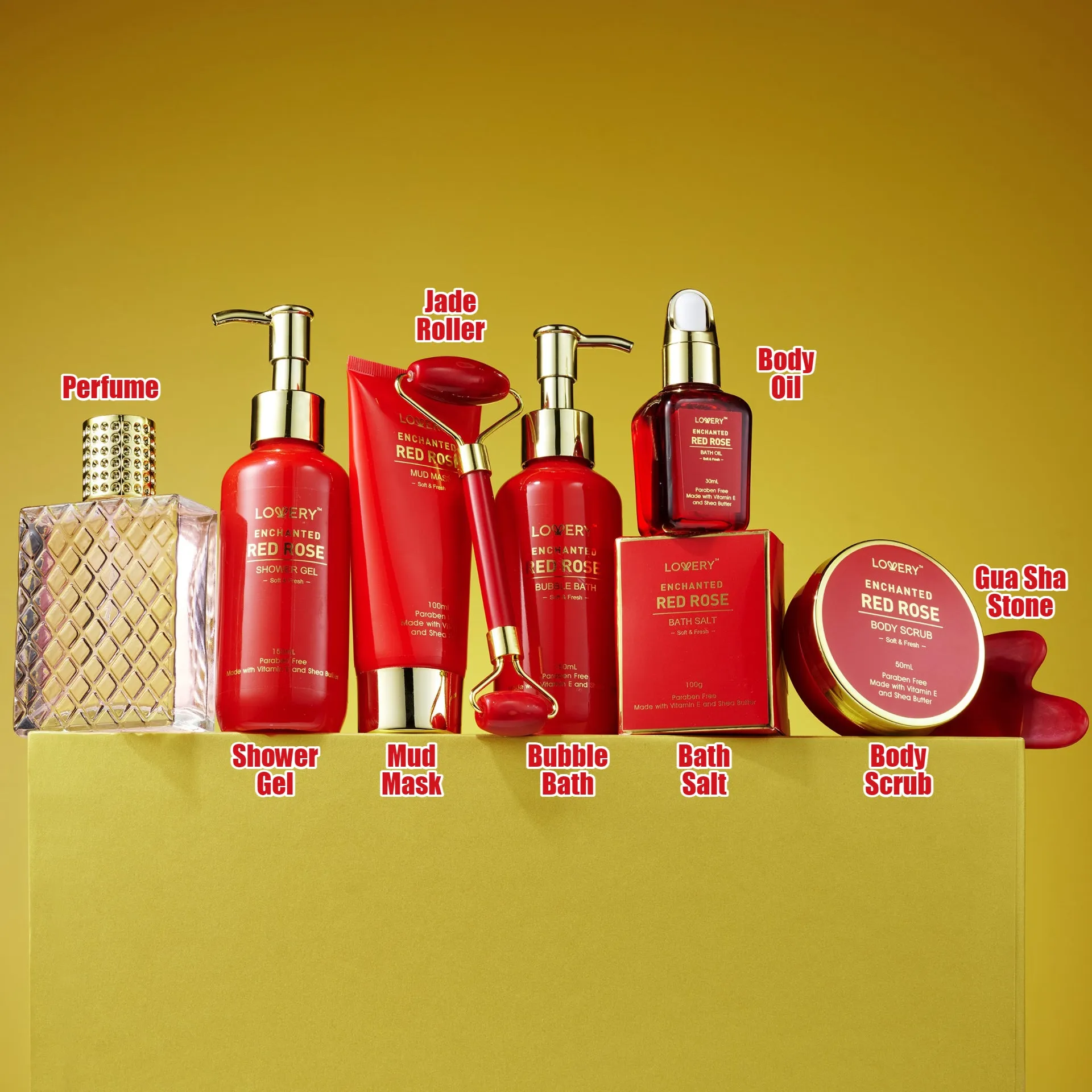 Luxe 11pc Red Rose Bath and Body Set with Perfume, Jade Roller, Gua Sha & More