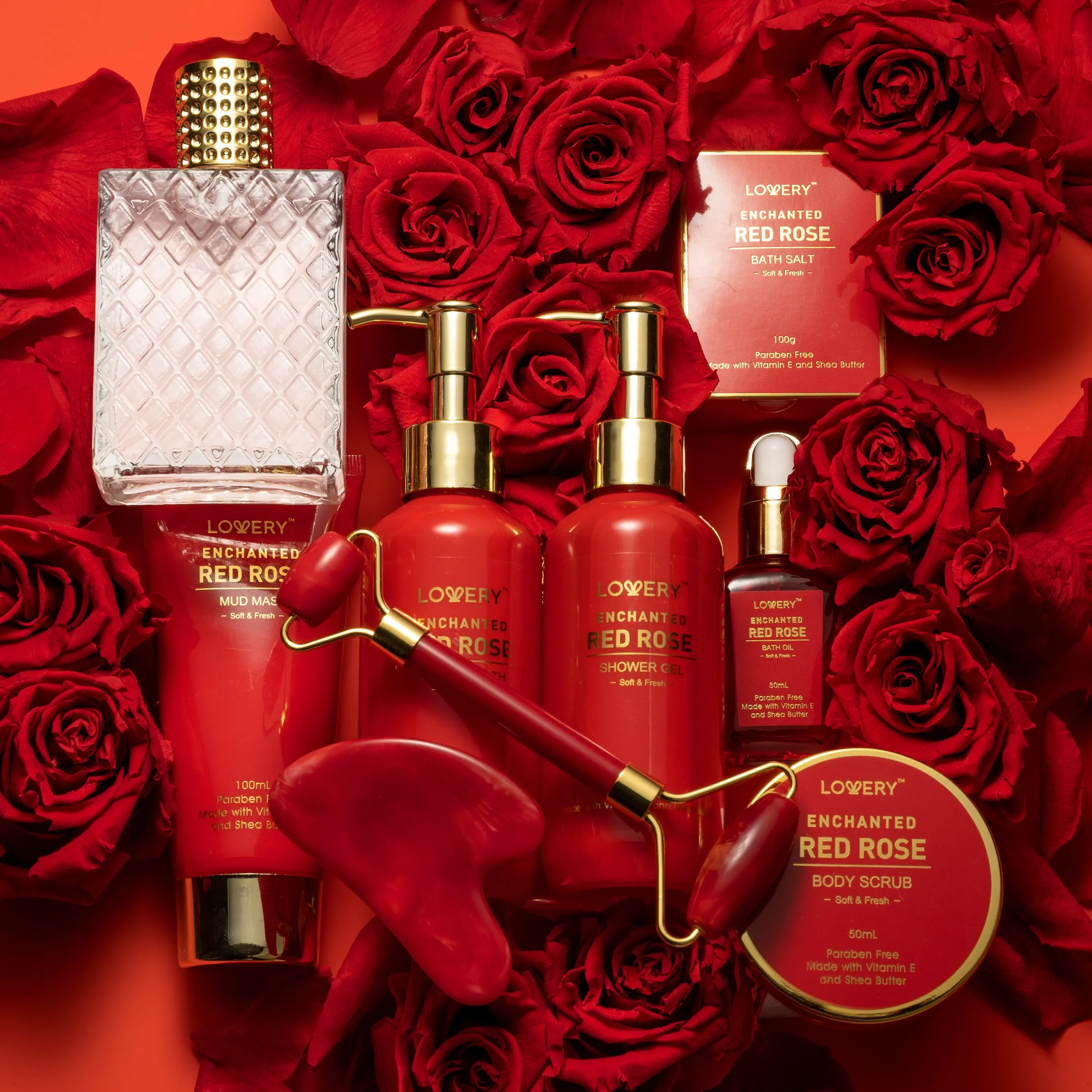 Luxe 11pc Red Rose Bath and Body Set with Perfume, Jade Roller, Gua Sha & More