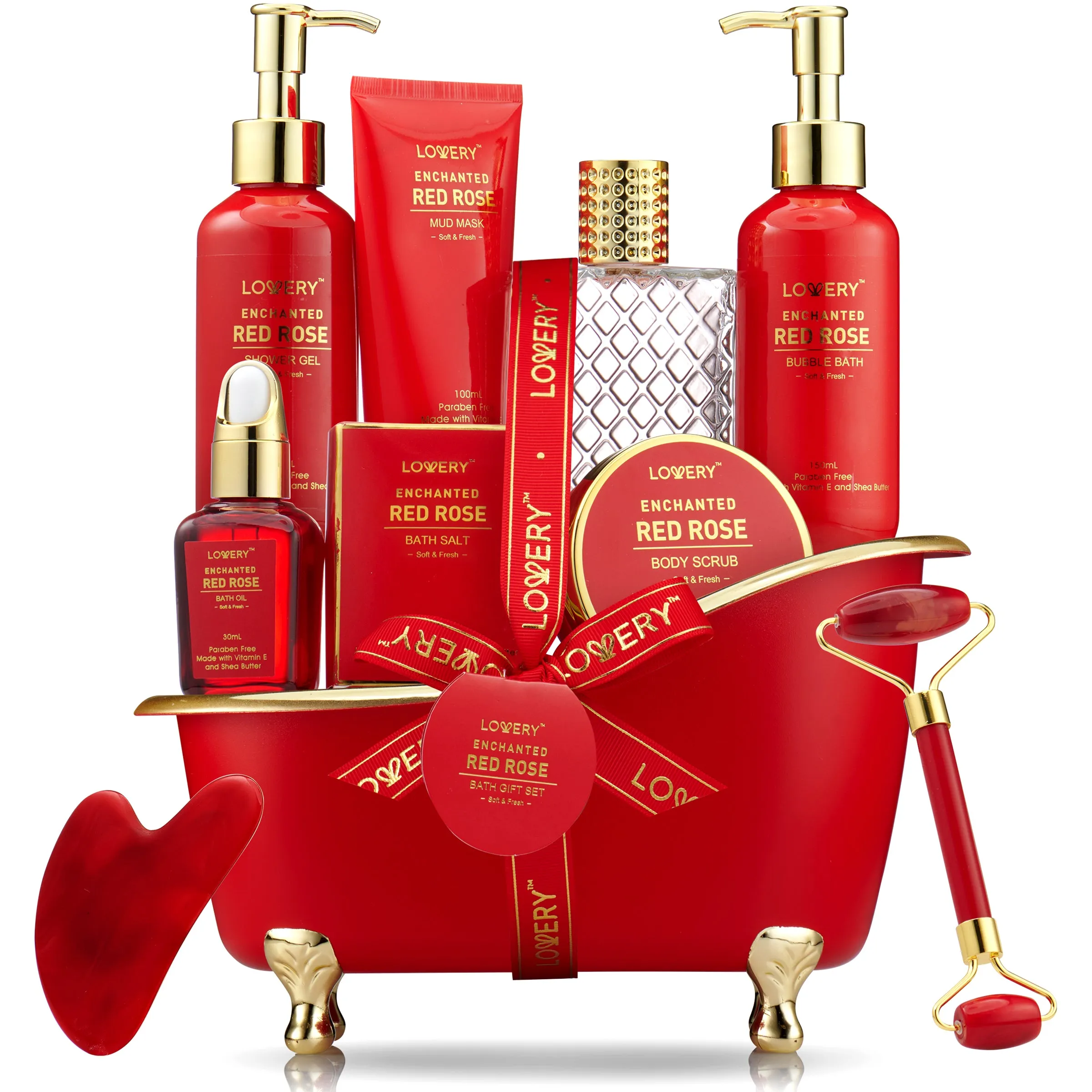 Luxe 11pc Red Rose Bath and Body Set with Perfume, Jade Roller, Gua Sha & More