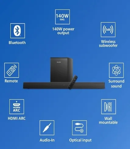 PHILIPS Wireless Home Theatre Sound bar 2.1, Wireless Subwoofer Dolby Digital