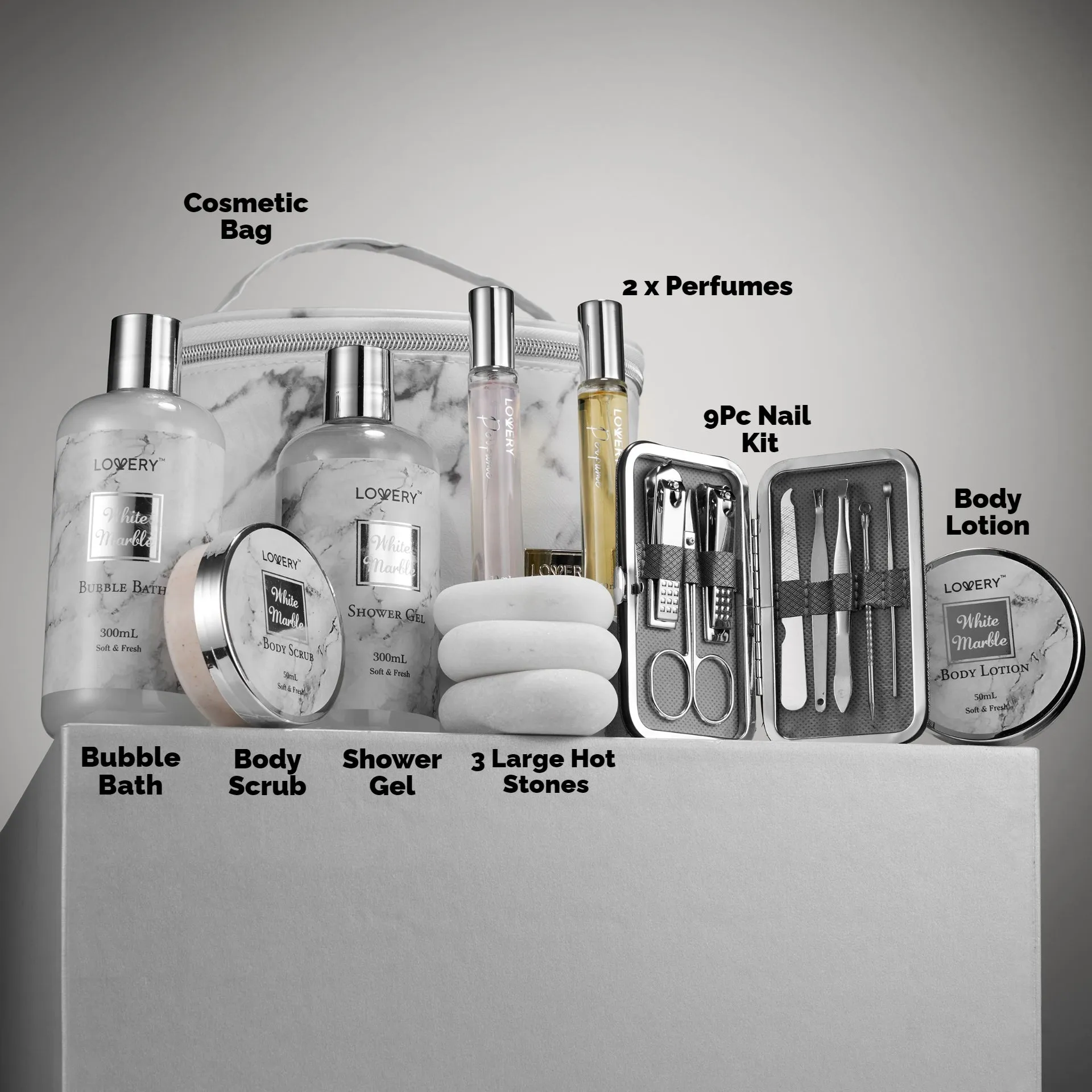 Premium 25pc Massage Kit, White Marble Beauty and Self Care Spa Set with Stones