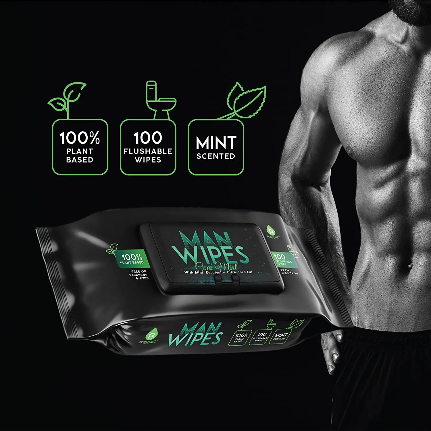 Pursonic Man Wipes Flushable Wipes-12Pack,1200 Wipes-Mint Scented Wet Wipes With Aloe Vera & Vitamin E,100% Plant Based,for at-Home Use - Septic and Sewer Safe