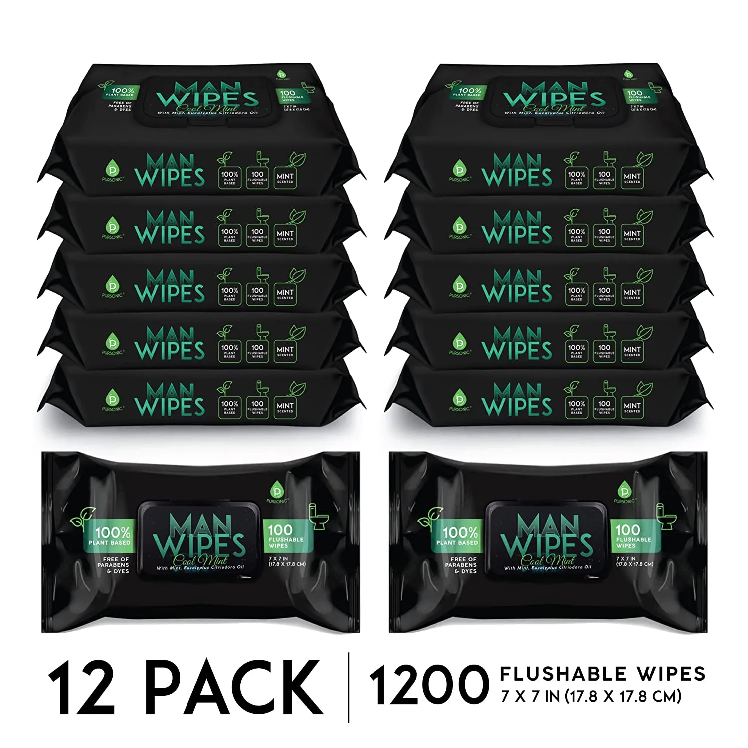 Pursonic Man Wipes Flushable Wipes-12Pack,1200 Wipes-Mint Scented Wet Wipes With Aloe Vera & Vitamin E,100% Plant Based,for at-Home Use - Septic and Sewer Safe